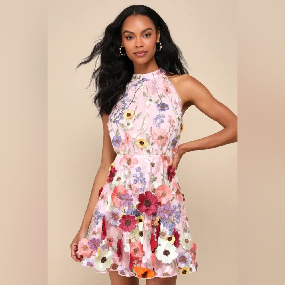Lulu’s Blooming Bliss Pink 3D Floral Embroidered Halter Mini Dress, size small